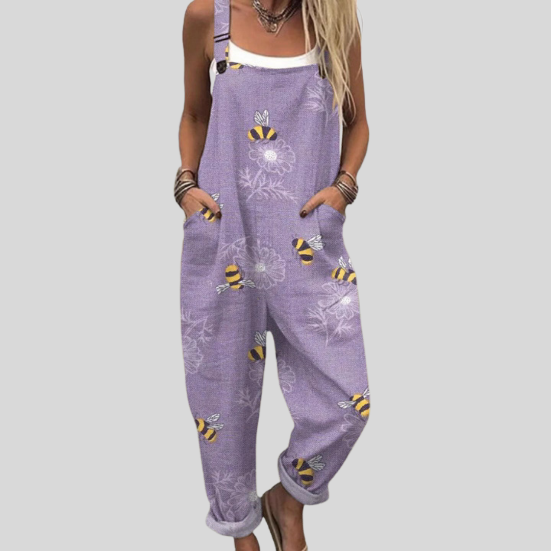 Latzhose mit Bienenmotiv in Flieder